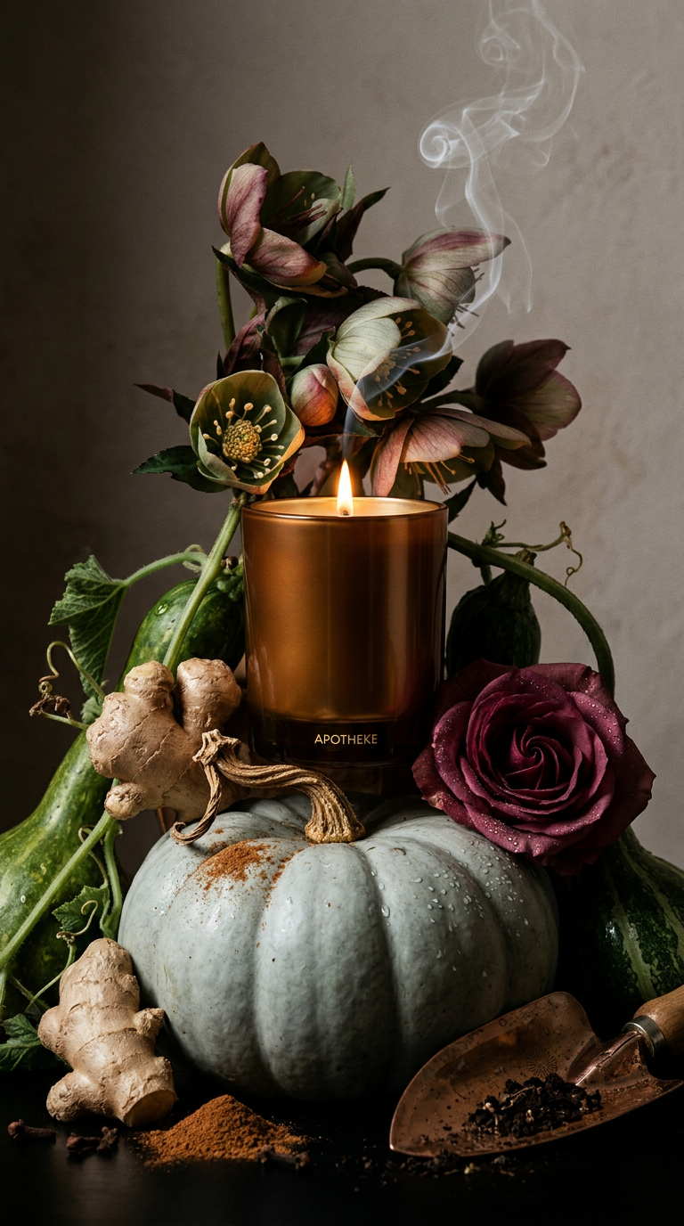 A lit amber glass candle labeled AETHOERE sits on a dark surface surrounded by autumn botanical props, including a pale blue-gray pumpkin, ginger root, a burgundy rose, hollyhocks, and a small wooden trowel, against a dark warm background with visible smoke rising